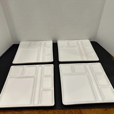 Crate & Barrel 9" Square White Fondue Sushi Plates Set of 4 Divided Sections - Image 1 of 4