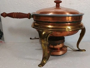 Antique Copper & Brass Chafing Dish with Wood Handles and Stand Classic Warmer - Picture 1 of 14