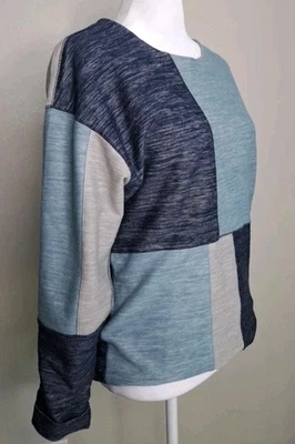 Sudadera Jigsaw Top Azul Color Bloques Forrada Manga Larga Retazos Boho Pequeña  Foto 1 de 4
