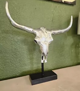 Metal Cow Skull on stand Polished Aluminum Bison Long horn Wall art Ornament - Picture 1 of 13
