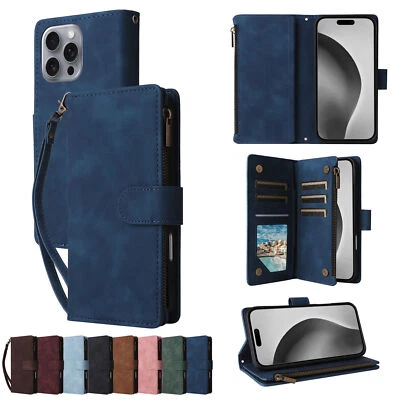 Strap Zipper Leather Wallet Phone Case For iPhone 16 15 14 13 12 11 Pro Max 16E - Image 1 of 4