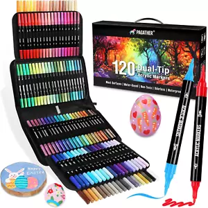 120 Colors Acrylic Paint Markers, Dual Tip Fine and Brush Tips Pens Contain 24 M - Picture 1 of 12