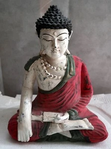 Buddha scultura il legno massello noce indiano o suar  cm 27x13x30h bianco rosso - Imagen 1 de 6