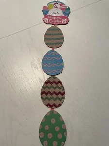 NWT Happy Easter Hanging Wooden Sign Bunny 28" Chick Eggs Glitter Pastel  - Picture 1 of 6