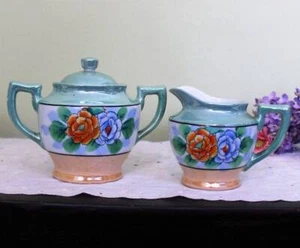 Zuckerdose und Milchkännchen Set irisierend Glanz Blume Antik China Ahorn Ware JAP - Bild 1 von 5