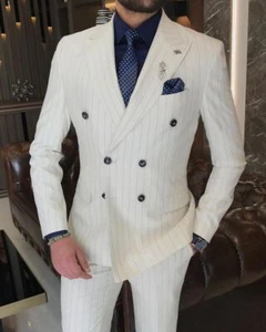 Men Suit White Striped Peak Lapel Leisure Prom Party Groom Tuxedo Wedding Custom - Picture 1 of 9