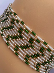 African Tie on Waist Beads GREEN + Crystal + Glow Waistline Belly Chain 30"-60" - Picture 1 of 6