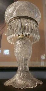 ANTIQUE Heavy Cut Glass Crystal Mushroom Shade PARLOR Lamp 20" RARE w Prisims - Picture 1 of 18