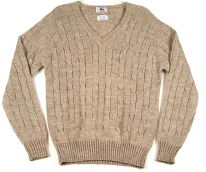 Vintage Izod Lacoste Sweater Mens L Tan Gator Acrylic Cable Knit V Neck Pullover - Picture 1 of 10