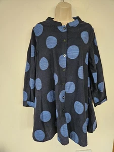 SAHARA Blue Spotted Linen Tunic Top M UK 12 Oversized 3/4 Longline Shirt Pockets - Picture 1 of 24