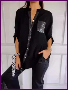 Camicia casual donna bluse scollo a V paillettes giunture manica lunga nuova autunno casual - Foto 1 di 33