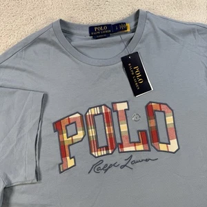 Polo Ralph Lauren T-Shirt Mens Large Blue Plaid Madras Spell Out Applique Pony - Picture 1 of 10