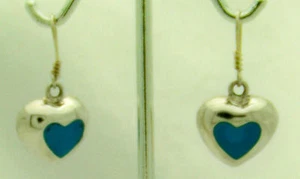 PRETTY TAXCO ESTATE TURQUOISE INLAY STERLING SILVER HEART EARRINGS, 1.125" long - Picture 1 of 1