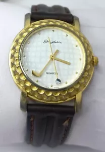 Men Jan Leslie Watch Golf Theme Gold Gold Case Brown Band White Face Vintage - Picture 1 of 12