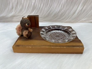 Vintage Ashtray Matches Lighter Holder Cedar Nut Critter Squirrel Clear Glass - Picture 1 of 17