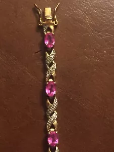 7.5” Gold Sterling Silver Pink Sapphire Tennis Bracelet Authentic .925 Jewelry - Picture 1 of 9