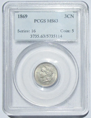 1869 3 Cent Nickel PCGS MS63 Cover