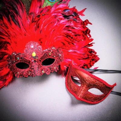 Men Women Party Couple Masquerade Masks Top Feather Venetian Phantom Mask Red - Image 1 of 3