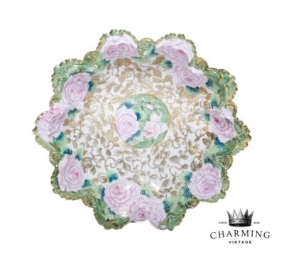 Antique Hand Painted NIPPON Japan Roses Gold Gilt Large Porcelain Bowl - Image 1 of 4