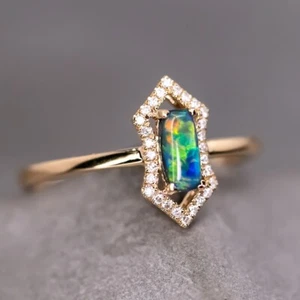 Ethereal Prism - Halo Diamond Australian Black Opal Engagement Ring 18K Gold - Picture 1 of 12