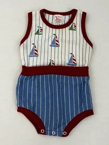 Vintage Buster braun Jungen 12 Monate Einteiler ärmellos Strampler Segelboot Streifen - Bild 1 von 5