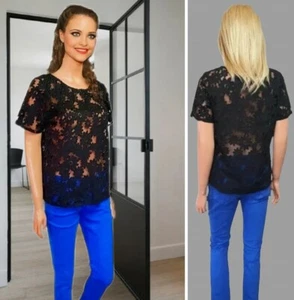 💥SALE💥DOROTHY PERKINS TOP SIZE 12 BLACK SHORT SLEEVE COLLARLESS SHEER LACE #16 - Picture 1 of 7