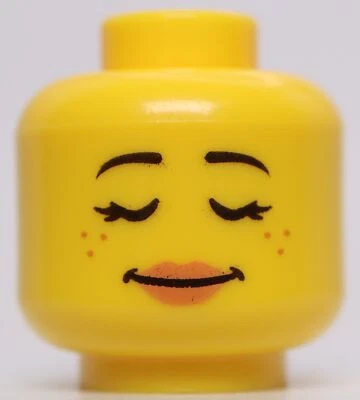 Lego Yellow Minifig Head Dual Sided Female Freckles Sleeping Smiling Peach Lips - Image 1 of 2