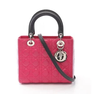 Dior LADY DIOR Cannage 2way shulder Handbag leather Pink Purple Black Used Women - Picture 1 of 12