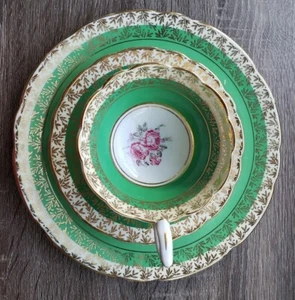 Royal Stafford 8226 GREEN Tea Cup and Plates w Pink Rose Center BONE CHINA RARE - Picture 1 of 12
