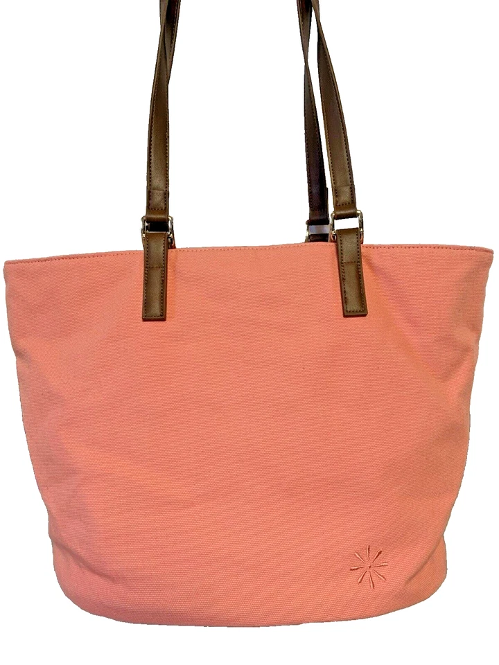 Bolsa tote Isaac Mizrah Bridgehampton de lona colorida coral alça dupla amarelo encaixe - Imagem 1 de 4