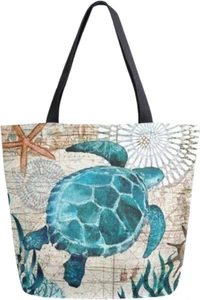 Turtle Print Canvas Tote: Stylish & Spacious Shopping Bag - Picture 1 of 7
