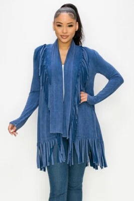 Кардиган с длинным рукавом T-Party с минеральной открытой передней бахромой короткий средний сделано в США - Изображение 1 из 4