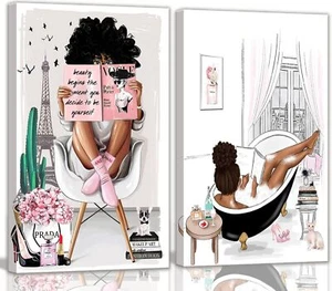 2 Pieces Framed African American Wall Art Modern Fashion Paris Pink White Afr... - Picture 1 of 8