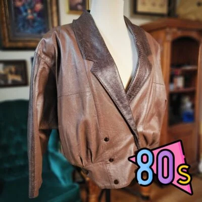 Vintage 80s LORA Brown Leather Jacket w/ Snakeskin-Style Lapel - Size 8 - Image 1 of 4