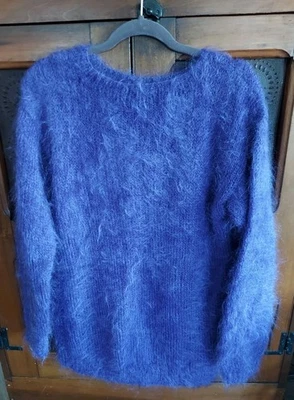 Sz L Handknit Purple Mohair Soft Furry Pullover Sweater Long Sleeves Round Neck - Image 1 of 4