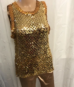 vtg  A. Brod Fashion Accessories Gold Sequin Top Sz M Open Crochet Slvless Tank - Picture 1 of 11