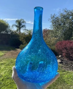 Vintage MCM Blenko Blue Crackle Glass 10" Decanter Bottle Vase Mid Century - Picture 1 of 11