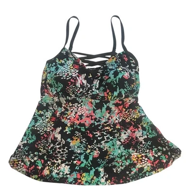 Aqua Green Abstract Floral Tankini Top Womens Size 16W Multicolor Criss Cross 1X - Image 1 of 4