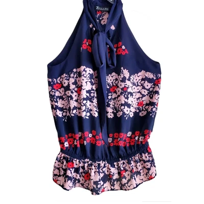 Blusa Top 7th AVENUE Mujer XS Cuello Atado Espalda Corredora Azul Marino Rosa Rojo Busto Floral 34" Foto 1 de 4