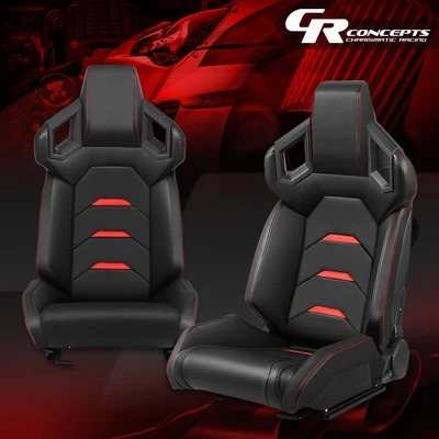 Universal Red Vinyl Leather Racing Bucket Seats w/ Bottom Mount Sliders L+R - Image 1 of 4