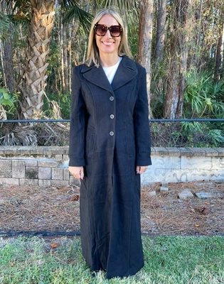 Abrigo para mujer Marvin Richards negro 80 % lana 20 % nailon largo noche hecho en EE. UU. Foto 1 de 4