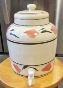 Vintage Steinzeug Topf Wasserspender rosa Blütenblätter grün & rosa Streifen  - Bild 1 von 18