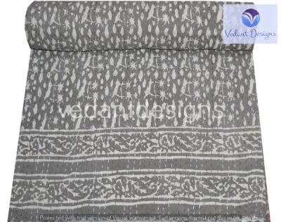 Colcha Kantha bloco indiano feita à mão reversível queen/dupla algodão - Imagem 1 de 4