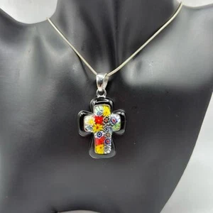 Stainless Steel Millefiori Colorful Cross Pendant Necklace Jewelry Silver Black - Picture 1 of 11