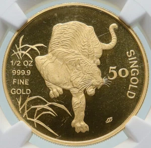 1986 SM SINGAPORE Lunar Series - TIGER Vintage Gold 50 Singold Coin NGC i86540 - Picture 1 of 5