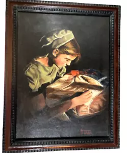 "Helen Winter signiert gerahmtes Ölgemälde Frau Nähen am Fenster Licht ~14"" x 18" - Bild 1 von 19