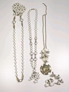 White Jewelry Long & Short Necklaces Screw Back Earrings Trifari All Vtg 1955 - Picture 1 of 15