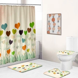 Love Heart Shower Curtain Bathroom Rug Set Bath Mat Non-Slip Toilet Lid Cover - Picture 1 of 13