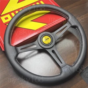 Real pictures Black 370mm 14.5'MOMO Leather Sport Car Steering Wheel Yellow Horn - Picture 1 of 6