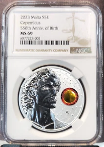 2023 MALTA SILVER 5 EURO COPERNICUS BIRTH ANNIVERSARY NGC MS 69 SCARCE - Picture 1 of 3